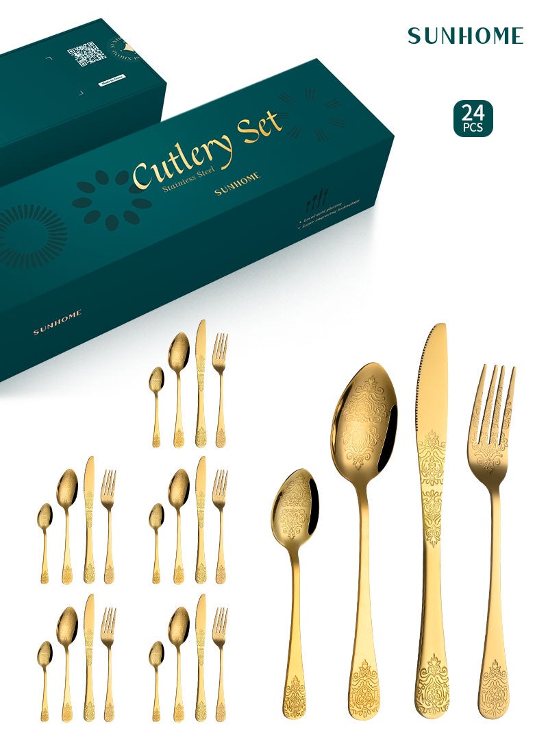 SUNHOME 24-Piece Gold Stainless Steel Cutlery Set, Luxury Floral Pattern Flatware Set for 6 Person, Mirror Polished Food Grade Tableware, Ideal for Home Kitchen, Party and Eid Gift - Image 1